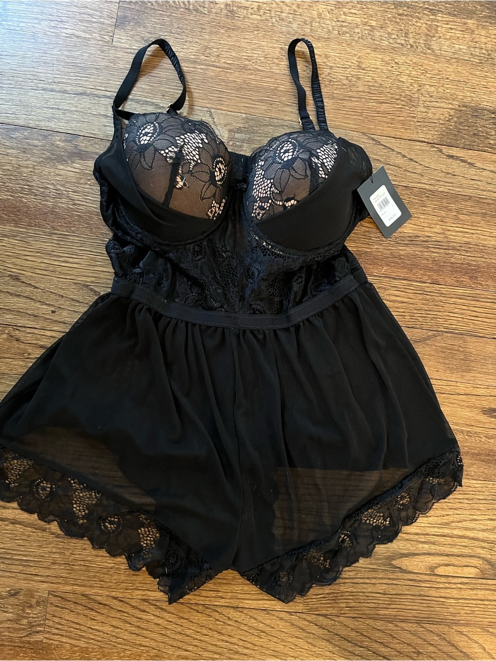Black Lace & Mesh Babydoll Romper Chemise - Intimates - Frederick’s of Hollywood